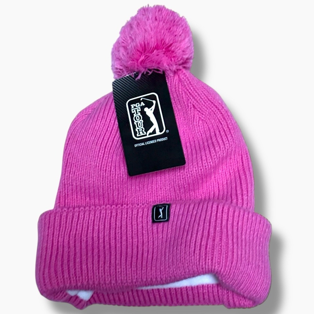 Pink Carnation PGA Tour Knit Beanie Toboggan Cuffed Pom OS New
